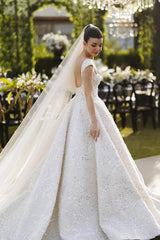 White Wedding Dress Ball Gown Square Spaghetti Straps Sleeveless Beaded Sequined Cathedral Train Bridal Gown
