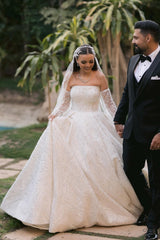 White Wedding Dress Ball Gown Strapless Sleeveless Sequined Cathedral Train Bridal Gown