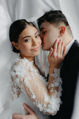 White Wedding Dress Ball Gown V Neck Sleeves Cathedral Train Lace Bridal Gown With Appliques