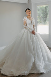White Wedding Dress Ball Gown V Neck Sleeves Cathedral Train Lace Bridal Gown With Appliques