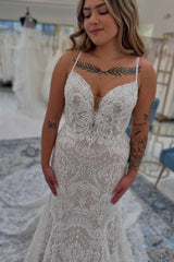 White Wedding Dress Boho Mermaid Spaghetti Straps Sleeveless Lace Cathedral Train Bridal Gown