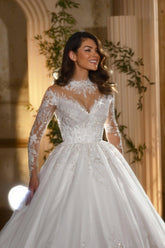 White Wedding Dress High Neck A Line Sleeves Ball Gown Cathedral Train Lace Bridal Gown With Sequins