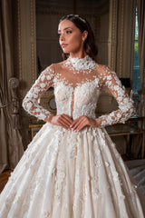 White Wedding Dress High Neck Ball Gown Beaded Sleeves Cathedral Train Lace Bridal Gown With Appliques