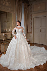 White Wedding Dress High Neck Ball Gown Beaded Sleeves Cathedral Train Lace Bridal Gown With Appliques