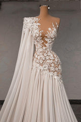 White Wedding Dress Lace A Line Beaded Asymmetrical One Shoulder Cap Sleeves Chiffon Bridal Gown With Pearls