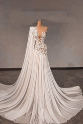 White Wedding Dress Lace A Line Beaded Asymmetrical One Shoulder Cap Sleeves Chiffon Bridal Gown With Pearls