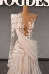 White Wedding Dress Lace A Line One Shoulder Sleeves Beaded Sweep Train Chiffon Ruffle Bridal Gown With Pearls