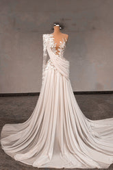 White Wedding Dress Lace A Line One Shoulder Sleeves Beaded Sweep Train Chiffon Ruffle Bridal Gown With Pearls