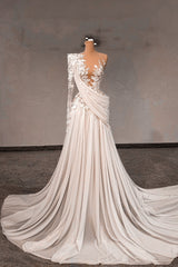 White Wedding Dress Lace A Line One Shoulder Sleeves Beaded Sweep Train Chiffon Ruffle Bridal Gown With Pearls