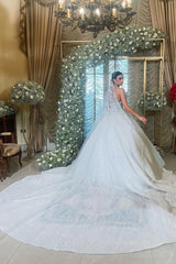 White Wedding Dress Lace Ball Gown Strapless Sleeveless Ruffles Sequined Cathedral Train Bridal Gown