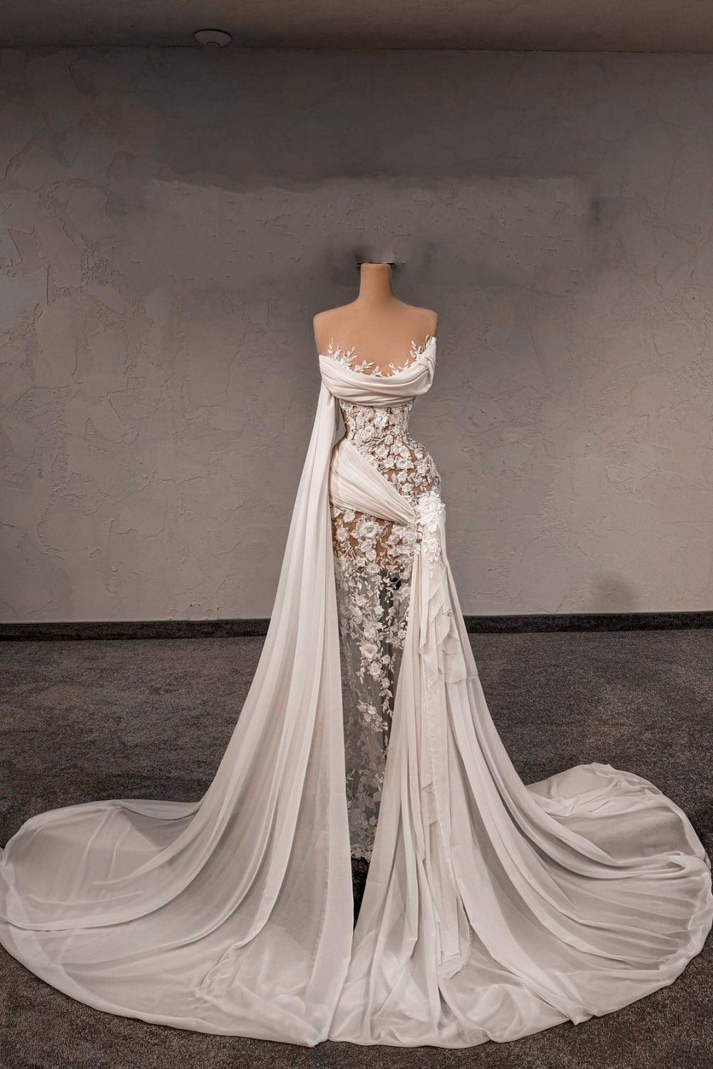 White Wedding Dress Lace Column Strapless Sleeveless Beaded Panel Train Chiffon Bridal Gown With Pearls