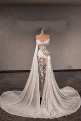 White Wedding Dress Lace Column Strapless Sleeveless Beaded Panel Train Chiffon Bridal Gown With Pearls