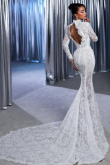 White Wedding Dress Lace Mermaid High Neck Sleeves Sweep Train Tulle Bridal Gown