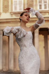 White Wedding Dress Lace Mermaid Strapless Sequined Sleeveless Panel Train Bridal Gown With Appliques