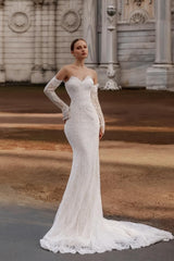 White Wedding Dress Lace Mermaid Strapless Sequined Sleeveless Panel Train Bridal Gown With Appliques