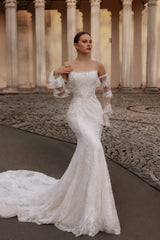 White Wedding Dress Lace Mermaid Strapless Sequined Sleeveless Panel Train Bridal Gown With Appliques