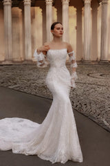 White Wedding Dress Lace Mermaid Strapless Sequined Sleeveless Panel Train Bridal Gown With Appliques