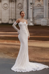 White Wedding Dress Lace Mermaid Strapless Sequined Sleeveless Sweep Train Bridal Gown With Appliques
