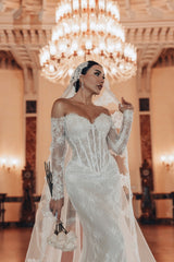 White Wedding Dress Lace Mermaid Sweetheart Off The Shoulder Beaded Long Sleeves Sweep Train Bridal Gown
