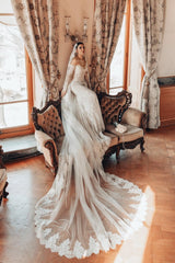 White Wedding Dress Lace Mermaid Sweetheart Off The Shoulder Beaded Sleeves Sweep Train Bridal Gown