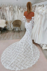 White Wedding Dress Lace Mermaid Sweetheart Off The Shoulder Sleeves Cathedral Train Bridal Gown