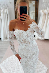 White Wedding Dress Lace Mermaid Sweetheart Off The Shoulder Sleeves Cathedral Train Bridal Gown
