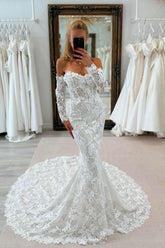 White Wedding Dress Lace Mermaid Sweetheart Off The Shoulder Sleeves Cathedral Train Bridal Gown