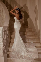 White Wedding Dress Lace Mermaid Sweetheart Spaghetti Strap Bridal Gown