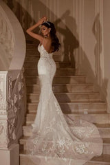 White Wedding Dress Lace Mermaid Sweetheart Spaghetti Strap Bridal Gown