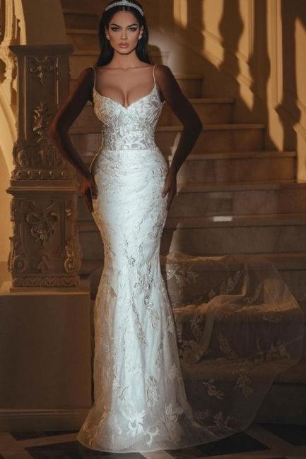 White Wedding Dress Lace Mermaid Sweetheart Spaghetti Strap Bridal Gown