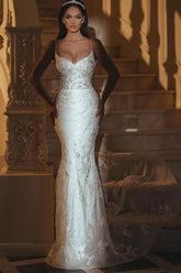 White Wedding Dress Lace Mermaid Sweetheart Spaghetti Strap Bridal Gown