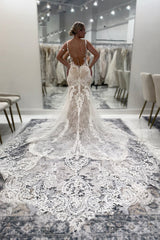 White Wedding Dress Lace Mermaid V Neck Spaghetti Strap Sleeveless Backless Cathedral Train Tulle Bridal Gown