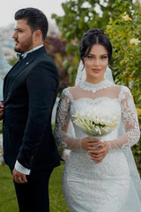 White Wedding Dress Mermaid High Neck Lace Sleeves Sequined Tulle Bridal Gown With Appliques