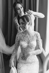 White Wedding Dress Mermaid High Neck Long Sleeves Beaded Sweep Train Tulle Bridal Gown With Sequins
