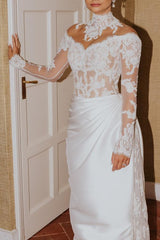 White Wedding Dress Mermaid High Neck Long Sleeves Lace Long Satin Ruffle Detachable Panel Train Bridal Gown With Appliques