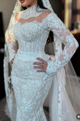 White Wedding Dress Mermaid High Neck Sequined Sleeve Panel Train Lace Bridal Gown With Appliques