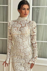 White Wedding Dress Mermaid High Neck Sleeves Floor Length Lace Bridal Gown With Pearls