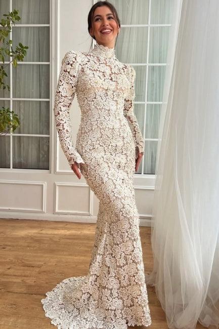 White Wedding Dress Mermaid High Neck Sleeves Floor Length Lace Bridal Gown With Pearls