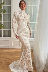 White Wedding Dress Mermaid High Neck Sleeves Floor Length Lace Bridal Gown With Pearls