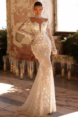 White Wedding Dress Mermaid High Neck Sleeves Lace Tulle Bridal Gown With Handmake Flowers