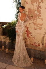 White Wedding Dress Mermaid High Neck Sleeves Lace Tulle Bridal Gown With Handmake Flowers