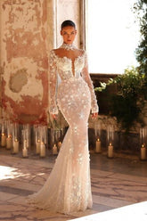 White Wedding Dress Mermaid High Neck Sleeves Lace Tulle Bridal Gown With Handmake Flowers