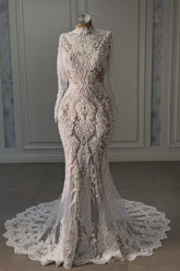 White Wedding Dress Mermaid Lace Beaded High Neck Sleeves Chapel Train Bridal Gown