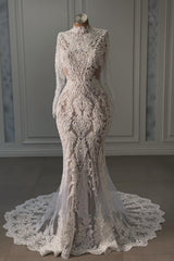 White Wedding Dress Mermaid Lace Beaded High Neck Sleeves Chapel Train Bridal Gown