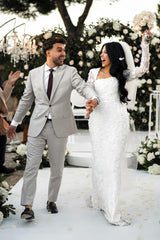 White Wedding Dress Mermaid Lace Square Long Sleeves Beaded Long Bridal Gown With Pearls