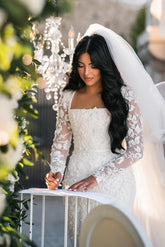 White Wedding Dress Mermaid Lace Square Long Sleeves Beaded Long Bridal Gown With Pearls