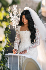 White Wedding Dress Mermaid Lace Square Long Sleeves Beaded Long Bridal Gown With Pearls