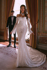 White Wedding Dress Mermaid Off The Shoulder Beaded Lace Bridal Gown With Sleeves