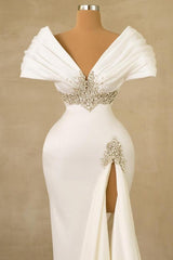 White Wedding Dress Mermaid Off The Shoulder Jewels Bridal Gown With Slit