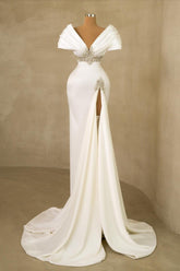 White Wedding Dress Mermaid Off The Shoulder Jewels Bridal Gown With Slit